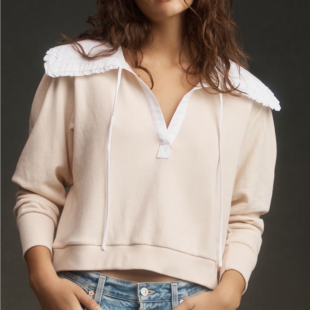 NWT Anthropologie Tan and White Sailor Collar Blouse with Tie Front